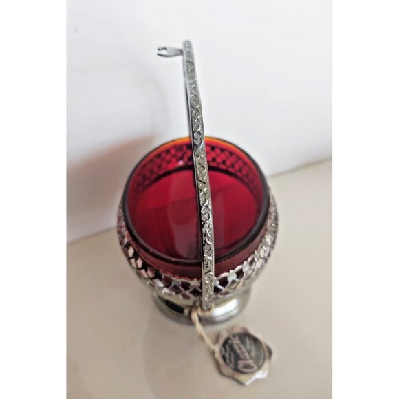 A Maywell Classic England Red Glass Oval Shaped Candy Bowl Silver Filigree Stand - Picture 3 of 9